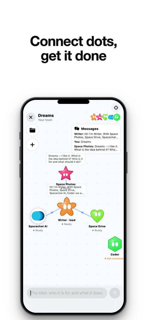 A team of connected dots chatting while they work