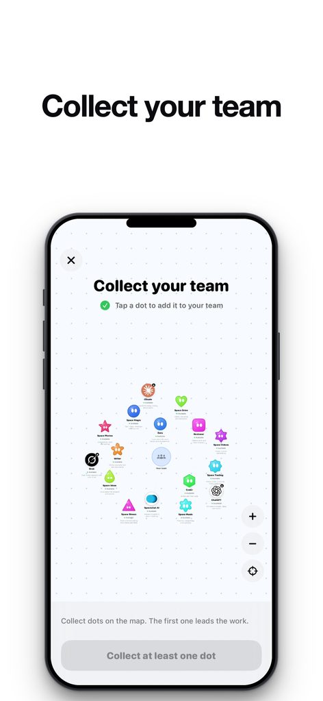 Collect your team: tap dots on the map to add them